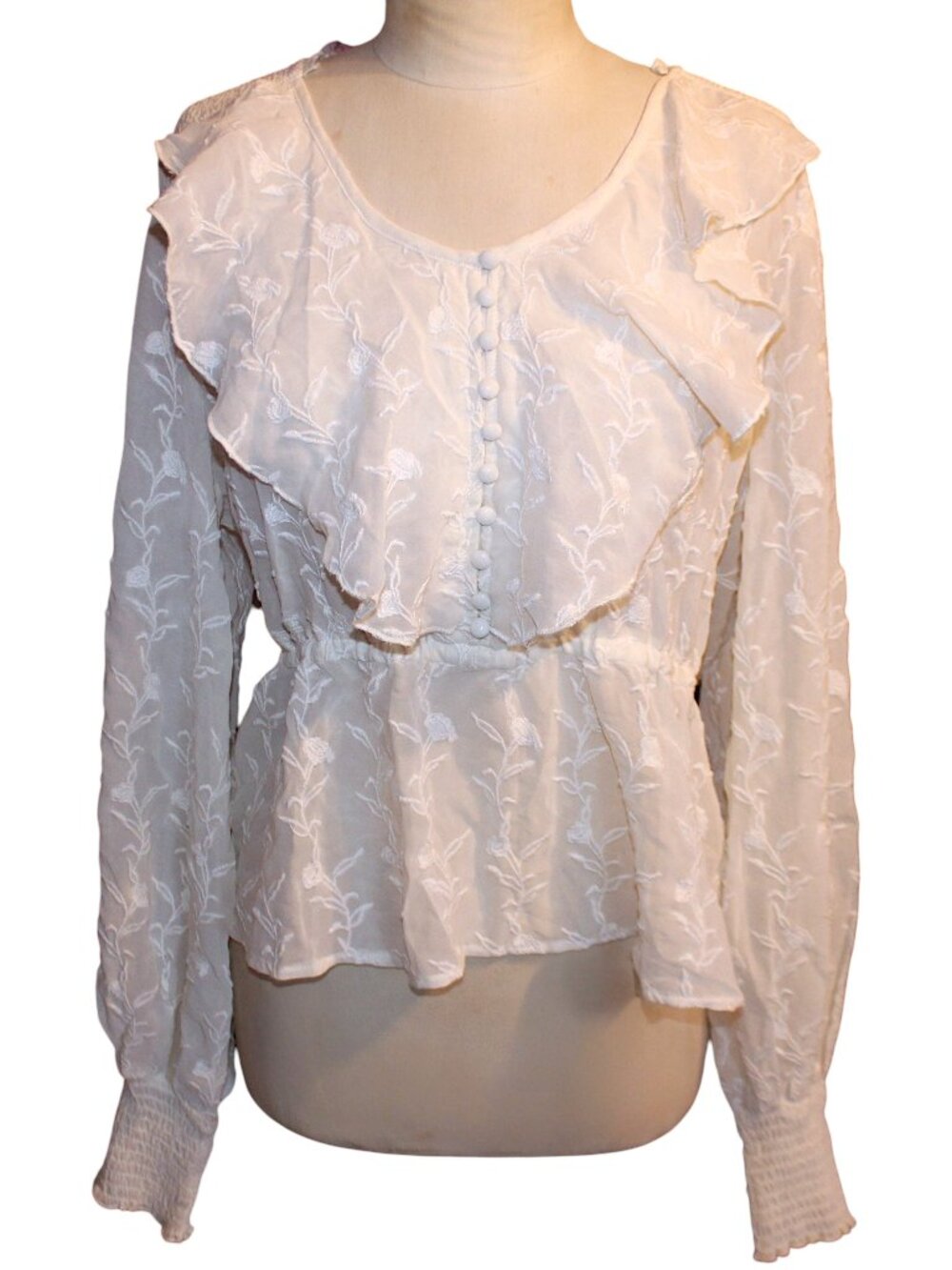Shyanne Women's XXL Floral Embroidered Chiffon Ruffle Blouse Ivory